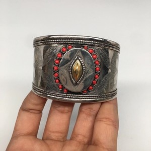 Vintage-Afghan-Turkmen-Tribal-Kuchi-Small-Round-Bead-Red-Coral-Cuff-Bracelet-R65