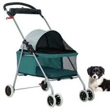 4 Wheel Pet Stroller Folding Waterpoof Travel Cat Dog Stroller Cage w/Cup Holder