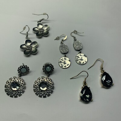 Lot Of 4 Costume Earrings Pierced Dangle Mix Silver Tone Some Rhinestone
