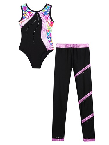 Kids Girls Set Trousers Leotard Mesh Outfit Metallic Hoodie Gymnastics Pants - Picture 11 of 62