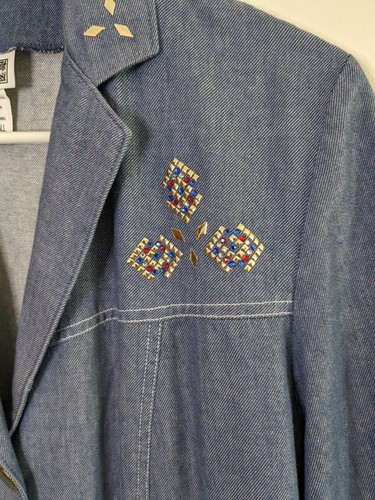 Vintage 80s Blazer Women Blue Denim 100% Cotton Small Size L/S BOMBER Jacket - Picture 4 of 11