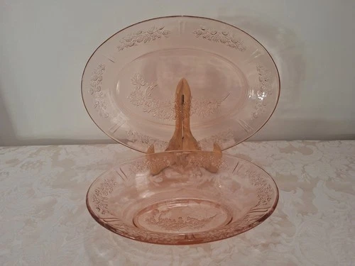 Depression Federal Glass Sharon Cabbage Rose Pink Glow Serving Platter & Bowl