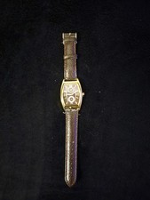 Gold Stainless Steel Tonneau Analog Wristwatch Brown Leather Strap