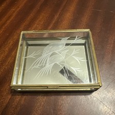 Vintage Etched Fancy Bird Glass and Brass Trinket/Jewelry Box With Mirror In Lay