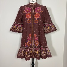 FARM RIO Bright Flora Mini Dress Brown Floral Embroidered Scalloped Cotton S
