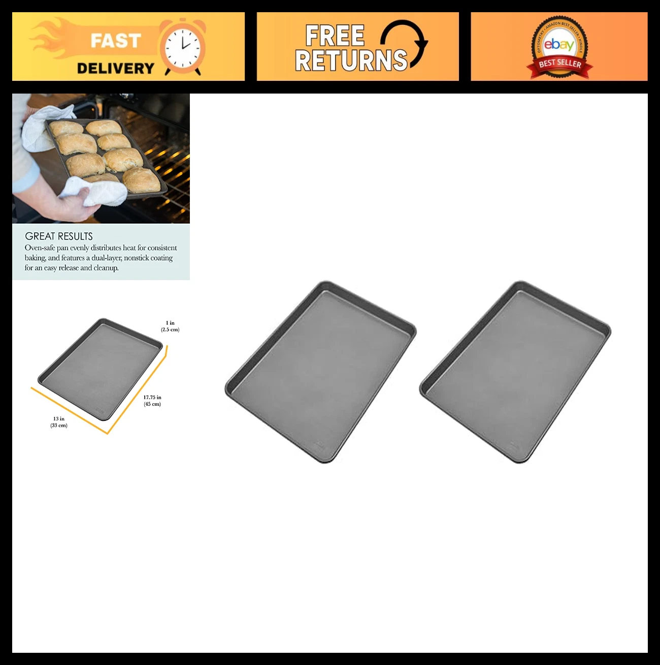 Non-Stick Baking Sheet Set, 17x12.25 Inch, Commercial Grade, Silver, Pack of 2