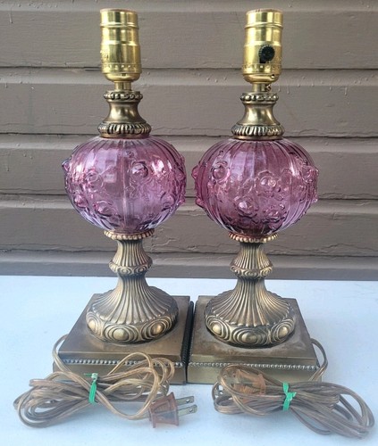(2) 13.5" Vintage Fenton Cranberry Glass Cabbage Rose Lamp Lot