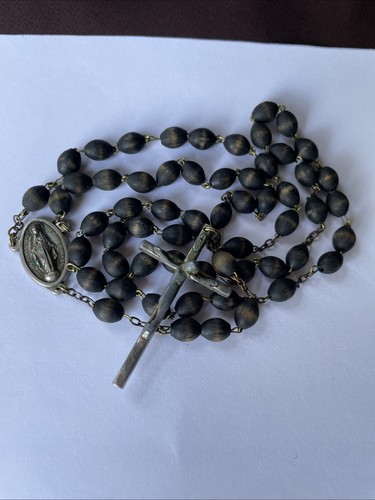 Vintage Catholic Genuine Black Cocoa Wood  Rosary, Silver Tone Crucifix 20”Italy