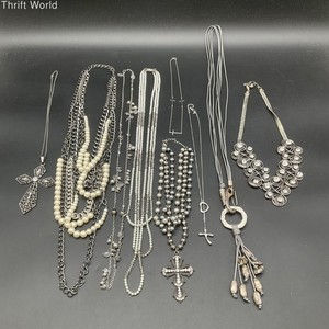 Fashion Costume Necklace Lot of 10 Silver Tone Faux Pearl Cross Pendants