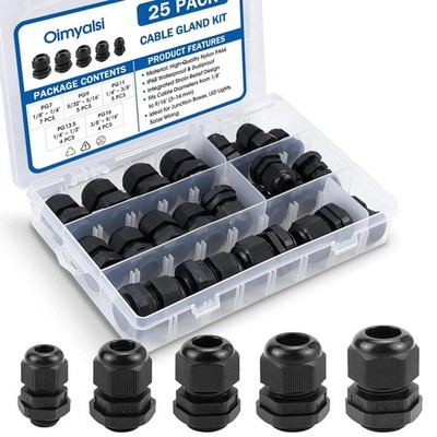 25 Pack Cable Gland Kit   IP68 Waterproof Nylon Cord Grip Connectors PG7 to PG16