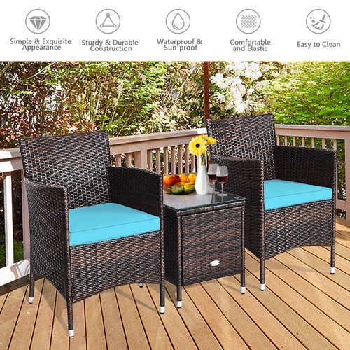 3PCS Rattan Wicker Table Chair Set PE Outdoor Sofa Couch Furniture w/ Cushion - Picture 2 of 6