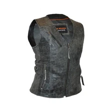Ladies Distressed Gray Premium Leather Concealed Carry Motorcycle Vest