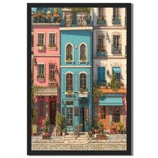 Colorful European Street Framed Canvas Print Vintage Architecture Wall Art Decor