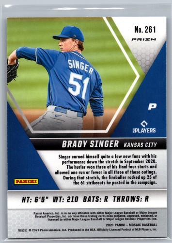 2021 Mosaic Brady Singer Rookie Reactive Blue #261 Kansas City Royals - Bild 2 von 2