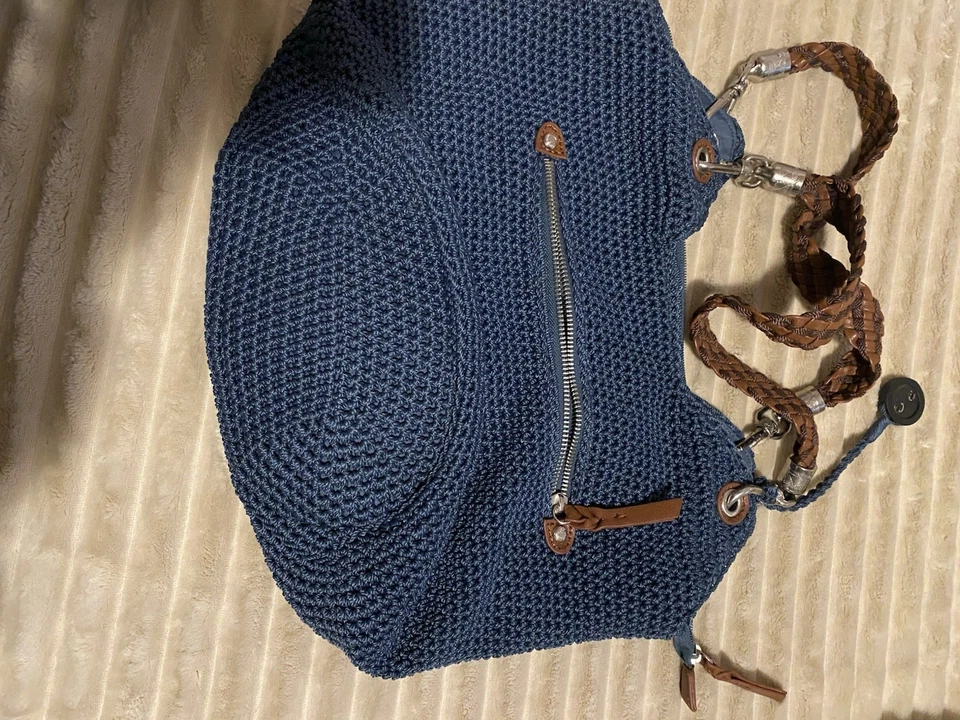 Y2K  The Sak Crochet Tote Bag Navy Woven Hobo Boho Braided Straps Zip Pockets - Image 2 of 3