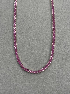 3MM Round Cut Lab Creataed pink Ruby Tennis necklace 14k White Gold Plated