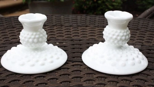 2 Vintage Fenton Hobnail Milk Glass Candlestick Candle Holders