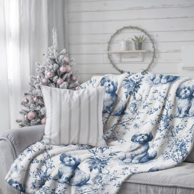 Shih Poo Blue Chinoiserie Toile Blanket Cute Pet Lover Decor
