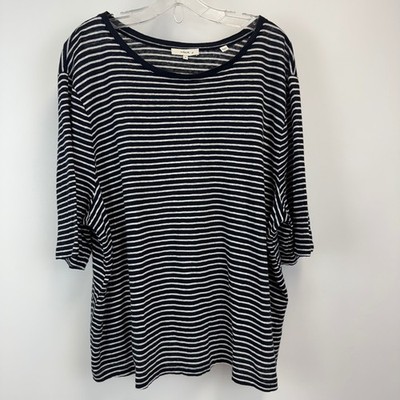 Vince Womens 3X Navy Blue White Striped 100% Linen Short Sleeve Scoop Neck Top