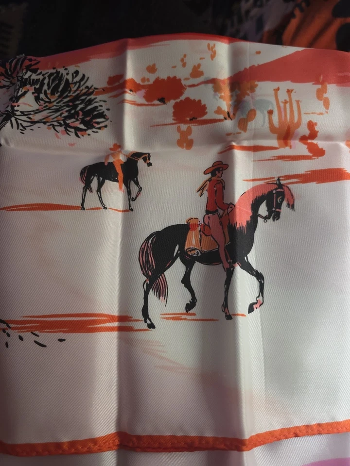 Vintage Womens Western Theme Scarf Signed Paris 26x26 In - Image 3 of 4