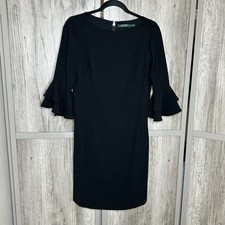 Ralph Lauren Sheath Dress Size 2 Pencil Straight Lined Ruffle Sleeve Black Color