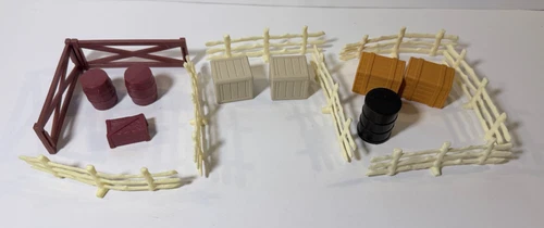 Vintage 1970's Farm Accessory Lot Fences Boxes & Barrels 17 piece lot