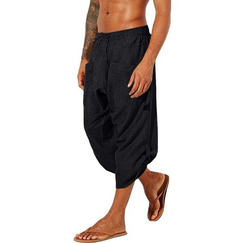 Herren Baumwolle Leinen 3/4 Haremshose Freizeit Baggy Locker Yoga Hippie Strandhose - Bild 17 von 24
