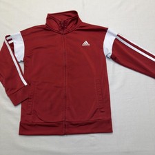 Adidas Track Jacket Youth 7 Red White Full Zip Striped Sleeves Athletic Top