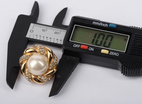 Vintage Ciner Gold-Tone Pearl Rhinestone Clip Earrings – Signed, 1” - Picture 7 of 7
