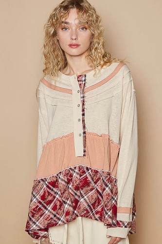POL Round Neck Half Button Color Block Top with Merrow Edge Detail - Picture 7 of 8