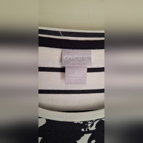 Chicos ZenErgy garden Striped Tunic Tee Size 2 black/white Casual Boho - Picture 3 of 6
