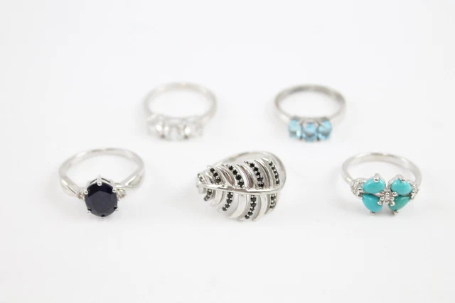 06 Sterling Silver Rings TGGC Gemporia Trilogy Feather *Sapphire Topaz x 5 (17g)