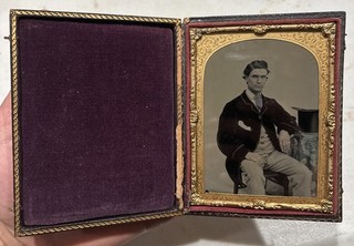 1/4 Plate Antique 1850s Handsome Rich Man Ambrotype Photo Leather Case