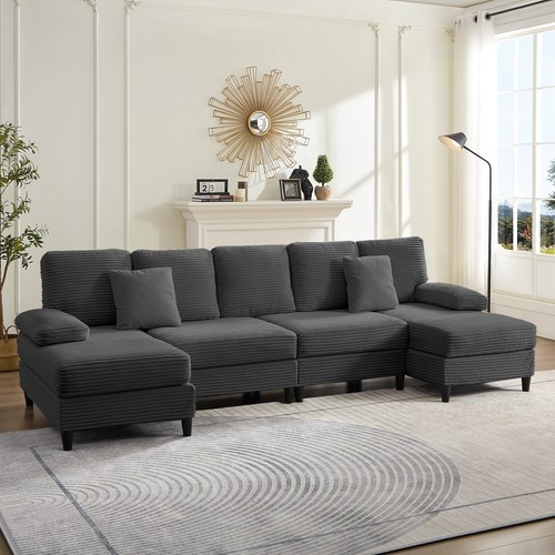 U Shaped Sectional Sofa,Corduroy Sectional Couch,4 Seat Sofa with Double Chaise - Picture 2 of 25