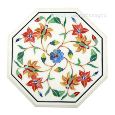 15'' marble Side table top semi precious stones pietradura inlay Handmade decor
