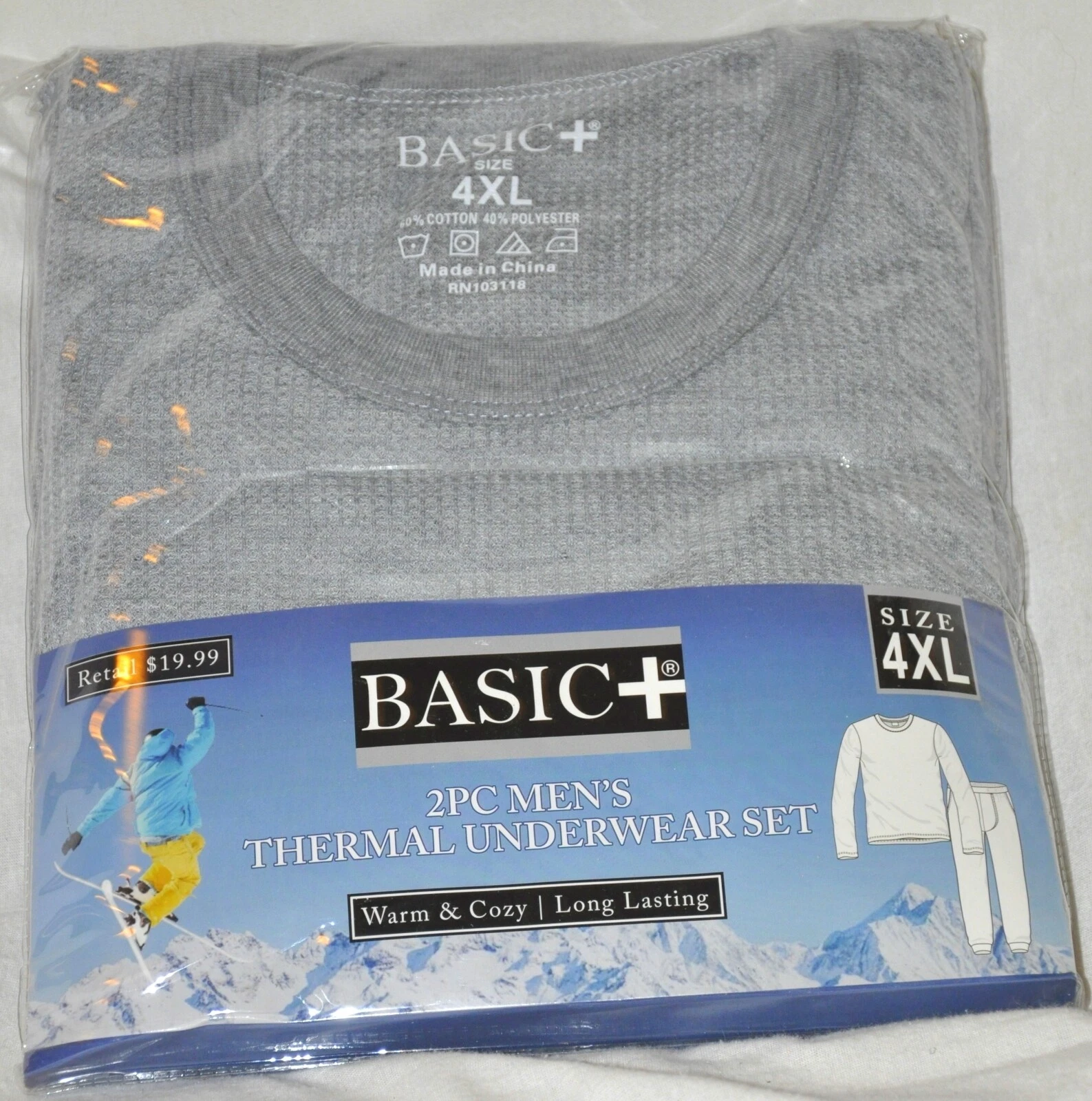 Basic+ Waffle Knit Thermal Underwear 2 Piece Set Gray Men's 4XLarge NEW