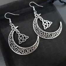 Triquetra Trinity Knot Celtic Crescent Moon Drop Dangle Earrings, Goth Witch