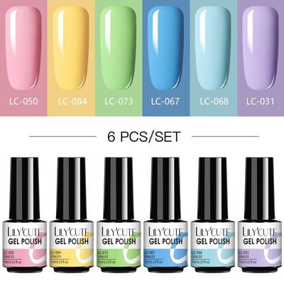 6Pcs/Set Gel Nail Polish Set Glitter Hybrid Gel Base Top Coat Soak Off UV LED