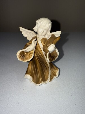 Vintage Lenwile Ardalt Harp Angel Figurine Gold White Ceramic