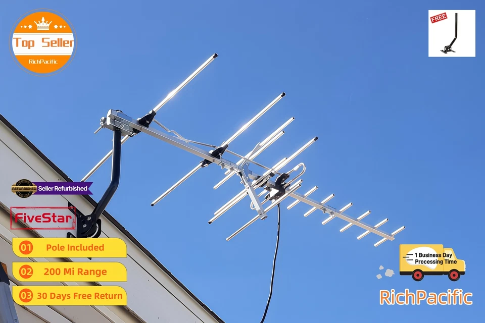 Antena de TV Exterior Yagi 250 Millas con Poste para Largo Alcance UHF VHF FM Foto 2 de 4