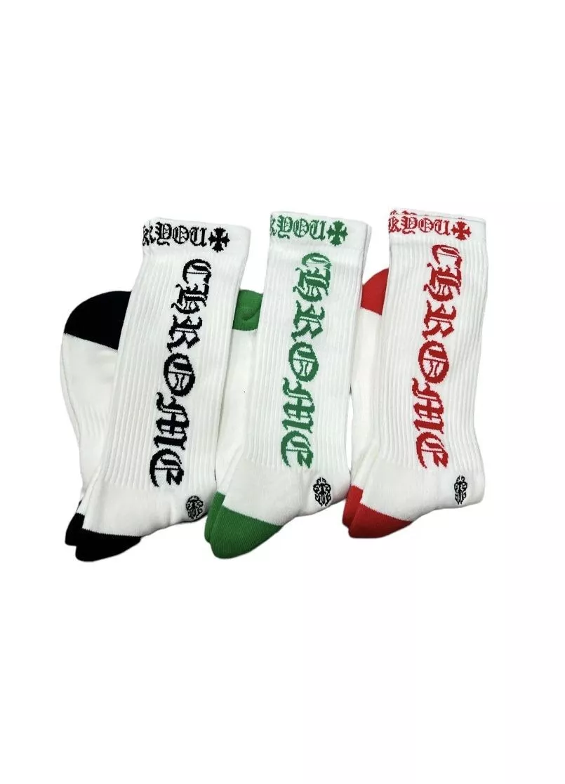 Chrome Hearts Text 3 Pack Socks Red Green White Size M