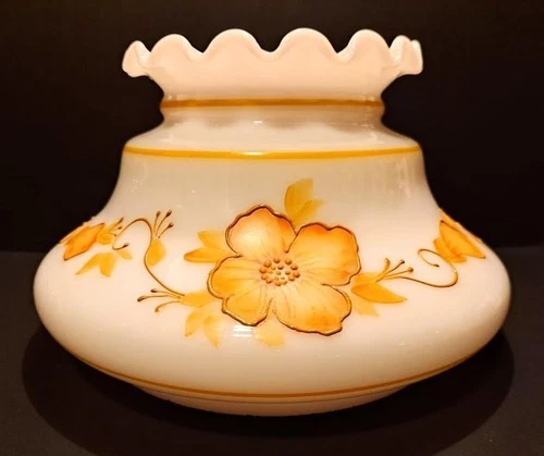 Golden Yellow Hurricane Lamp Shade 7" Fitter  Milk Glass Ruffled Floral Pattern