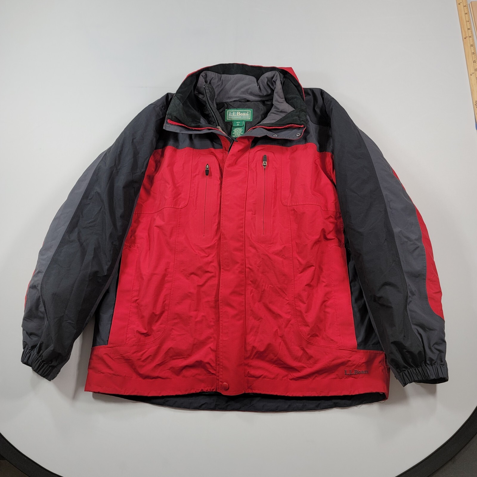 LL Bean 3 in 1 Jacket Mens Large Red Grey Inner Quilted Fleece Puffer Hoody Ski