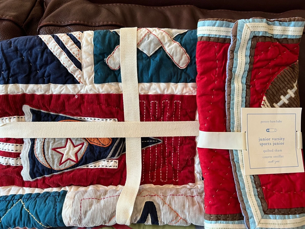 2pc POTTERY BARN KIDS Liam Sports Toddler CRIB QUILT Sham Baseball basketball