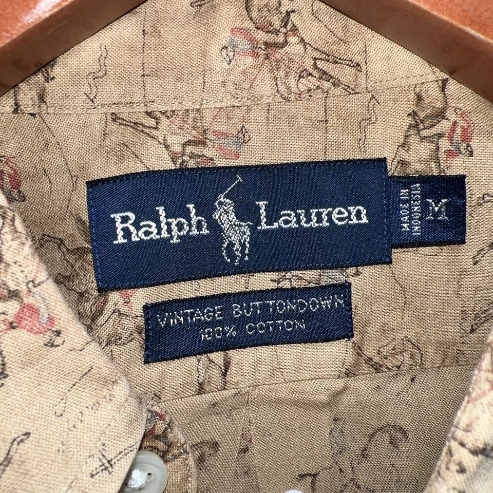 复古 Polo Ralph Lauren 蓝色标签棕褐色 All Over 赛马纽扣衬衫 M — 第 3/4 张图片