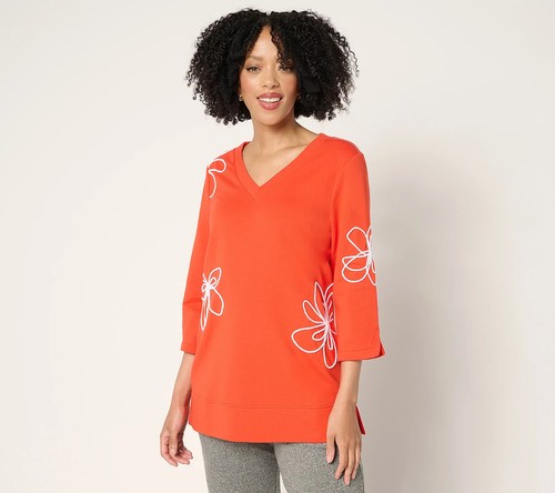Sport Savvy French Terry Top mit Blumen Soutache-Sonnenuntergang Rot-Medium A685293 NEU