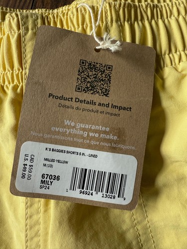 NEW Patagonia Kids Baggies Shorts 5" Lined Milled Yellow Size Medium 10 - Picture 2 of 2