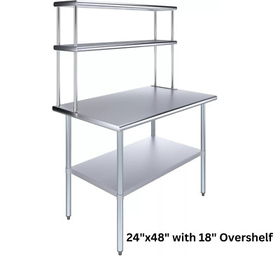 Food Prep & Work Stainless Steel Table w/ Double Overshelf, Commercial NSF