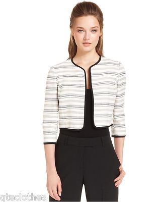 ANNE KLEIN $139 NEW Ivory Threaded Striped 3/4 Sleeves Cropped Jacket 16 QCO