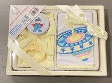 NIP Vintage Baby Shower Boxed Gift Set - Rattle, Washcloths Lot Embroidered Bib